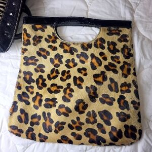 Nordstrom Haircalf Leopard Print Tote Patent Leather Cutout Handle Bag Italy